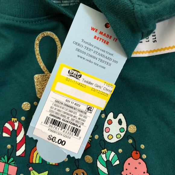 Cat & Jack NWT Toddler Girl's Green Christmas Ornament Tee Long Sleeve 12M - Picture 5 of 7